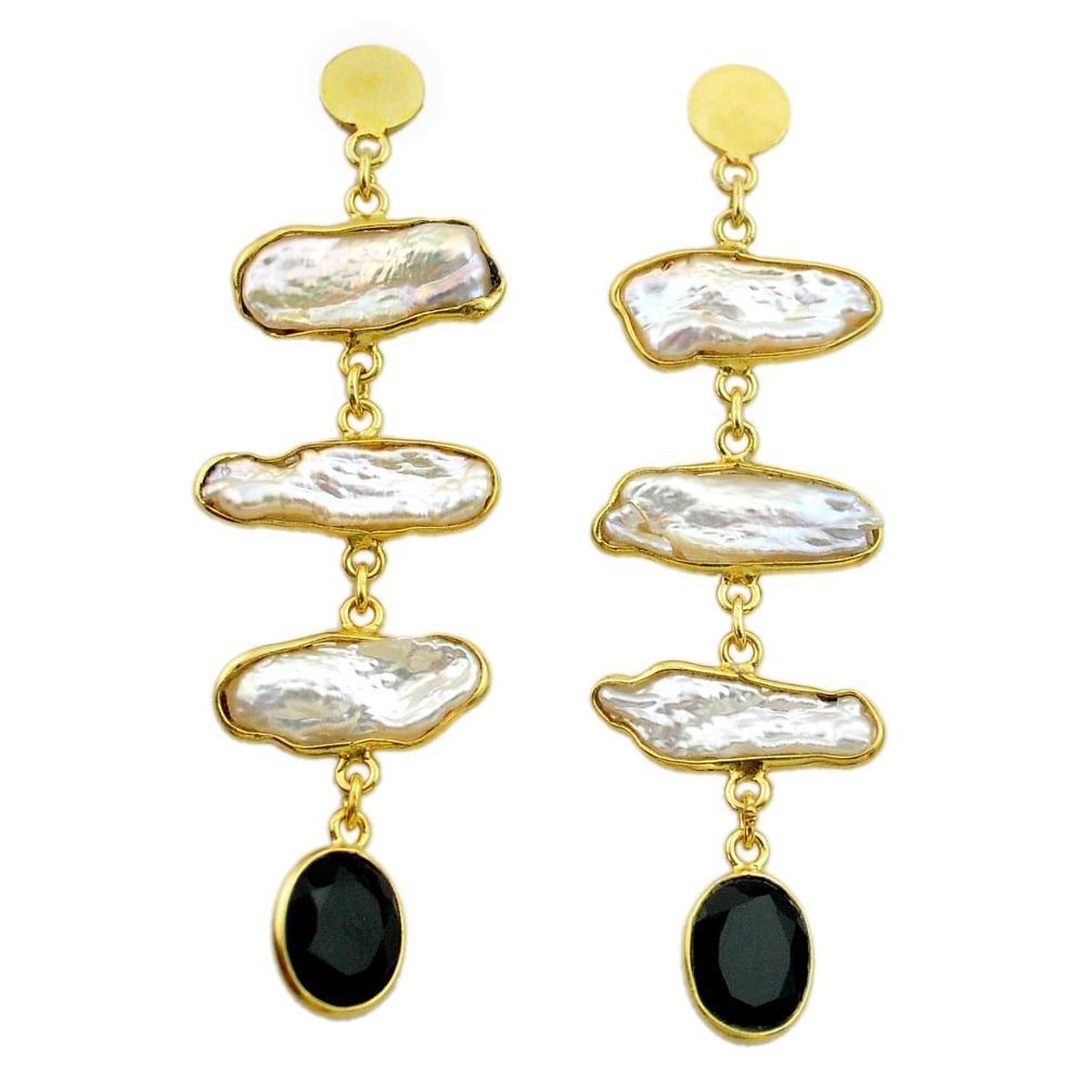 925 silver 18.14cts natural white pearl onyx 14k gold dangle earrings t44078