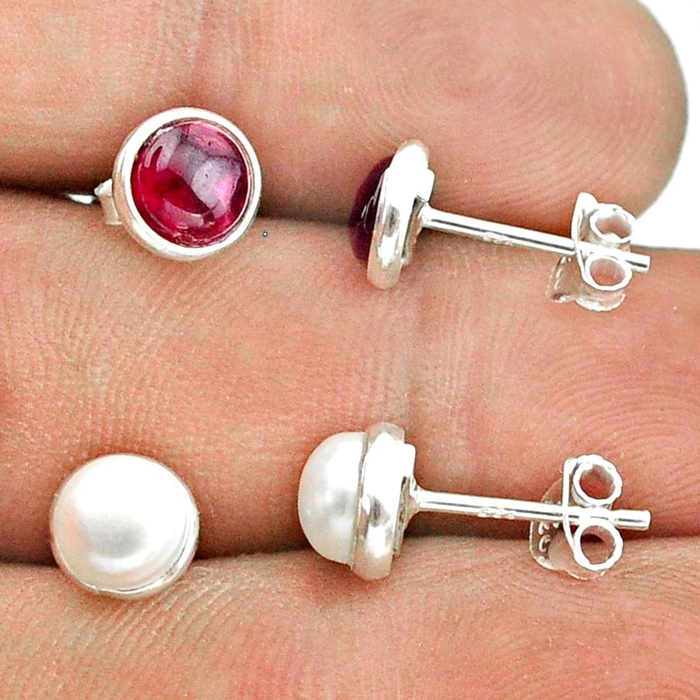 925 silver 5.30cts natural white pearl red garnet 2 pair studs earrings t50833