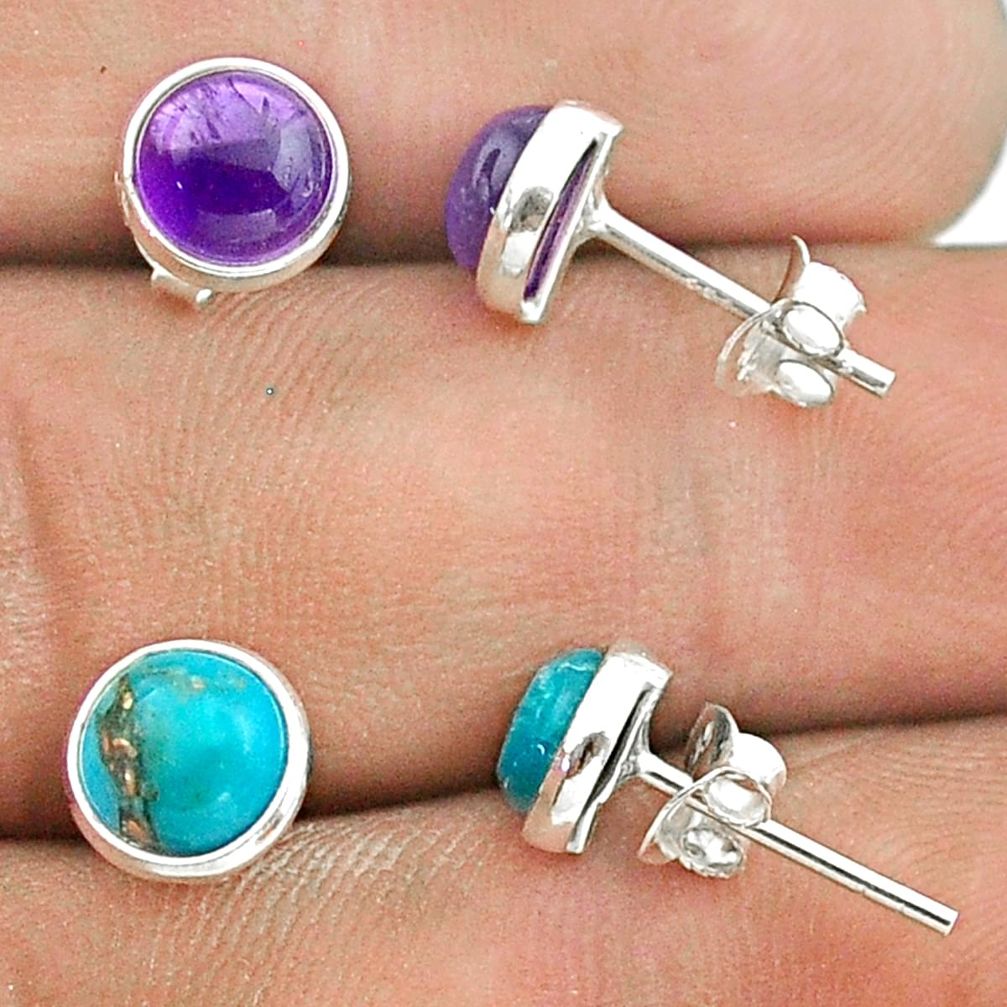 925 silver 4.57cts purple amethyst copper turquoise 2 pair studs earrings t50844