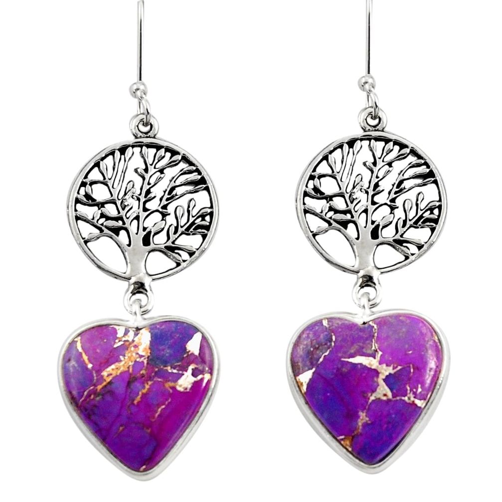 925 silver 17.22cts purple copper turquoise heart tree of life earrings d39609