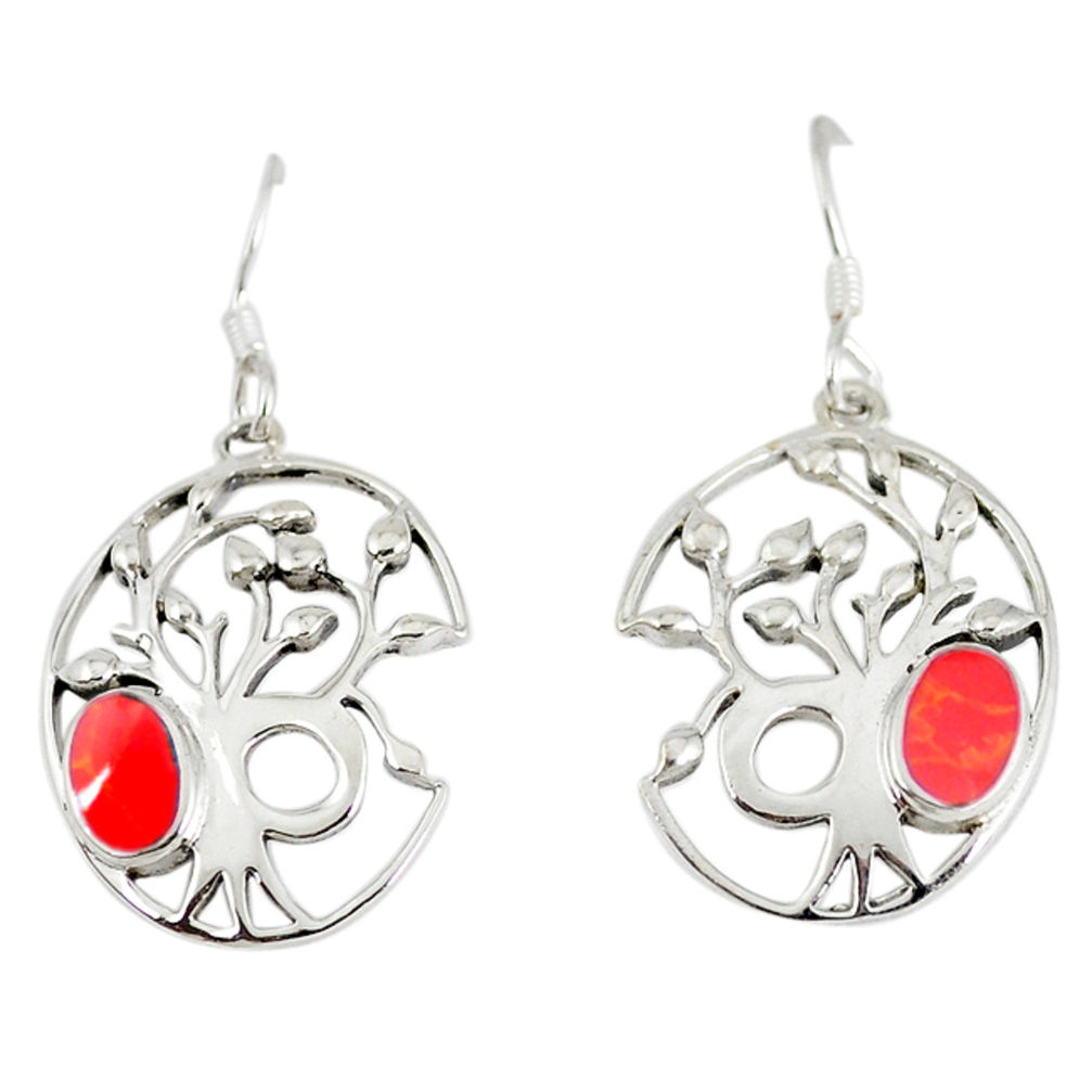 LAB 925 sterling silver red sponge coral enamel tree of life earrings jewelry c11679