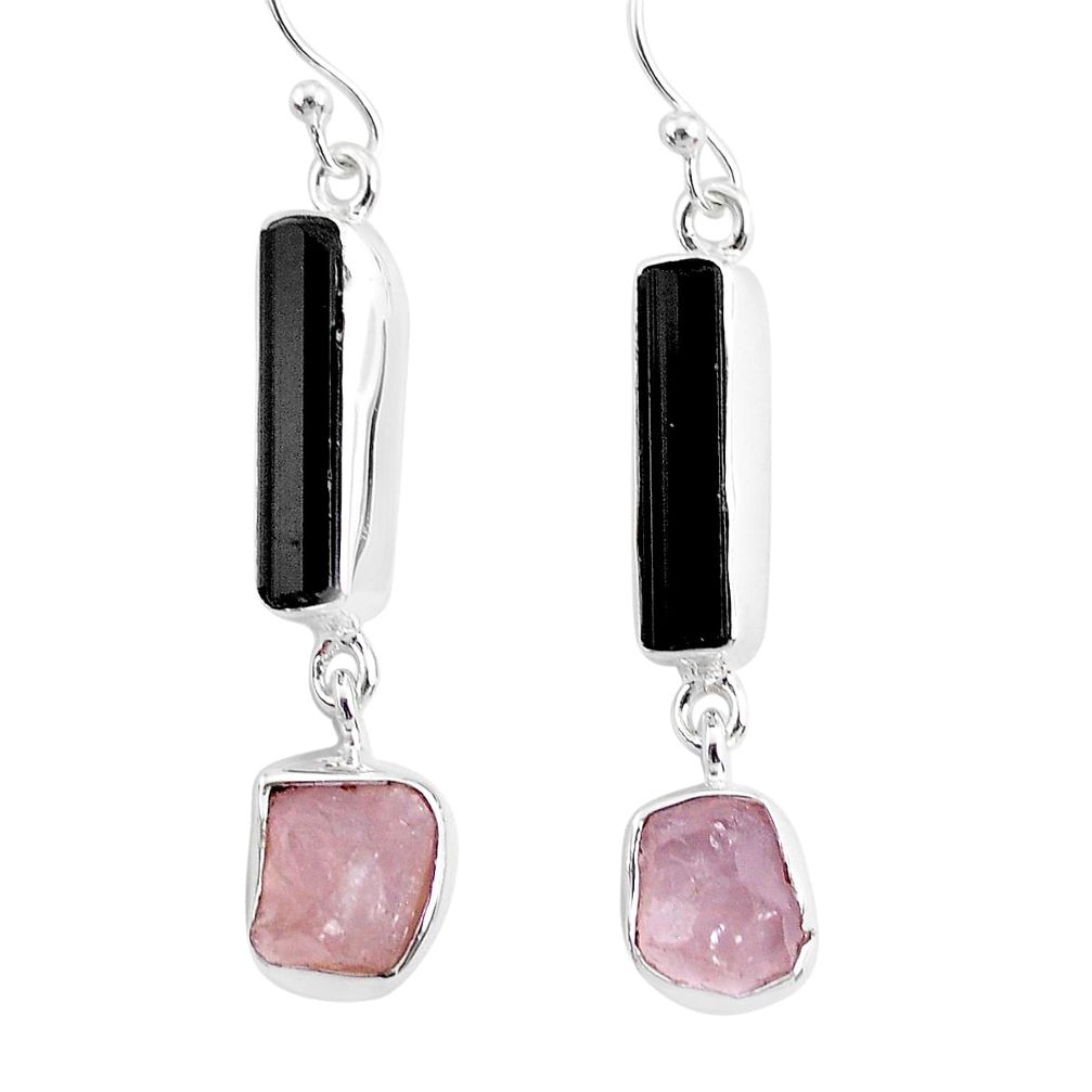 925 silver 13.85cts rose quartz black tourmaline raw dangle earrings r93733