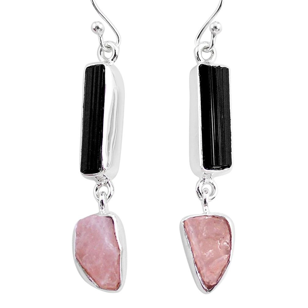 925 silver 14.90cts rose quartz black tourmaline raw dangle earrings r93736