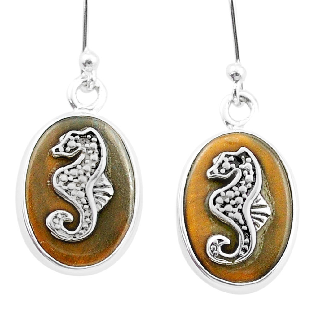 925 silver 11.57cts seahorse natural brown tiger's eye dangle coin enamel earrings u34680