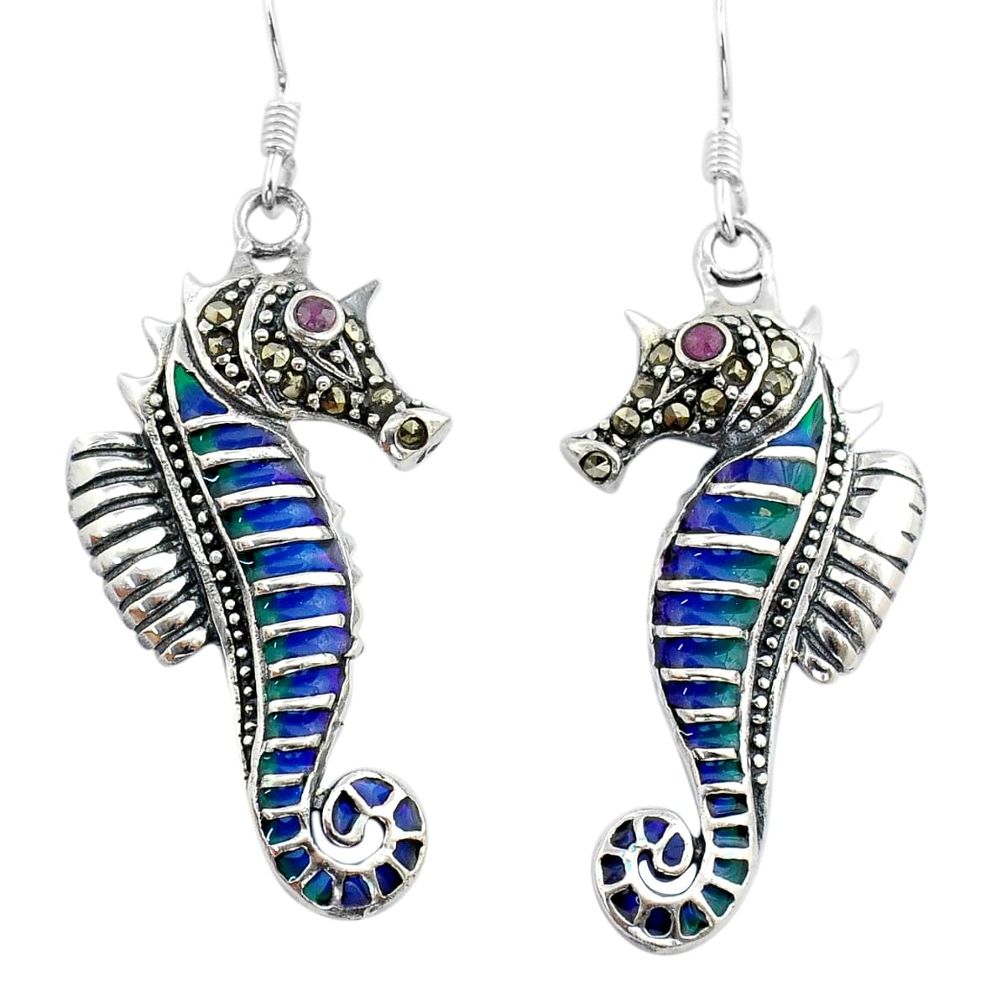 925 silver 0.45cts seahorse natural red ruby marcasite enamel earrings c29625