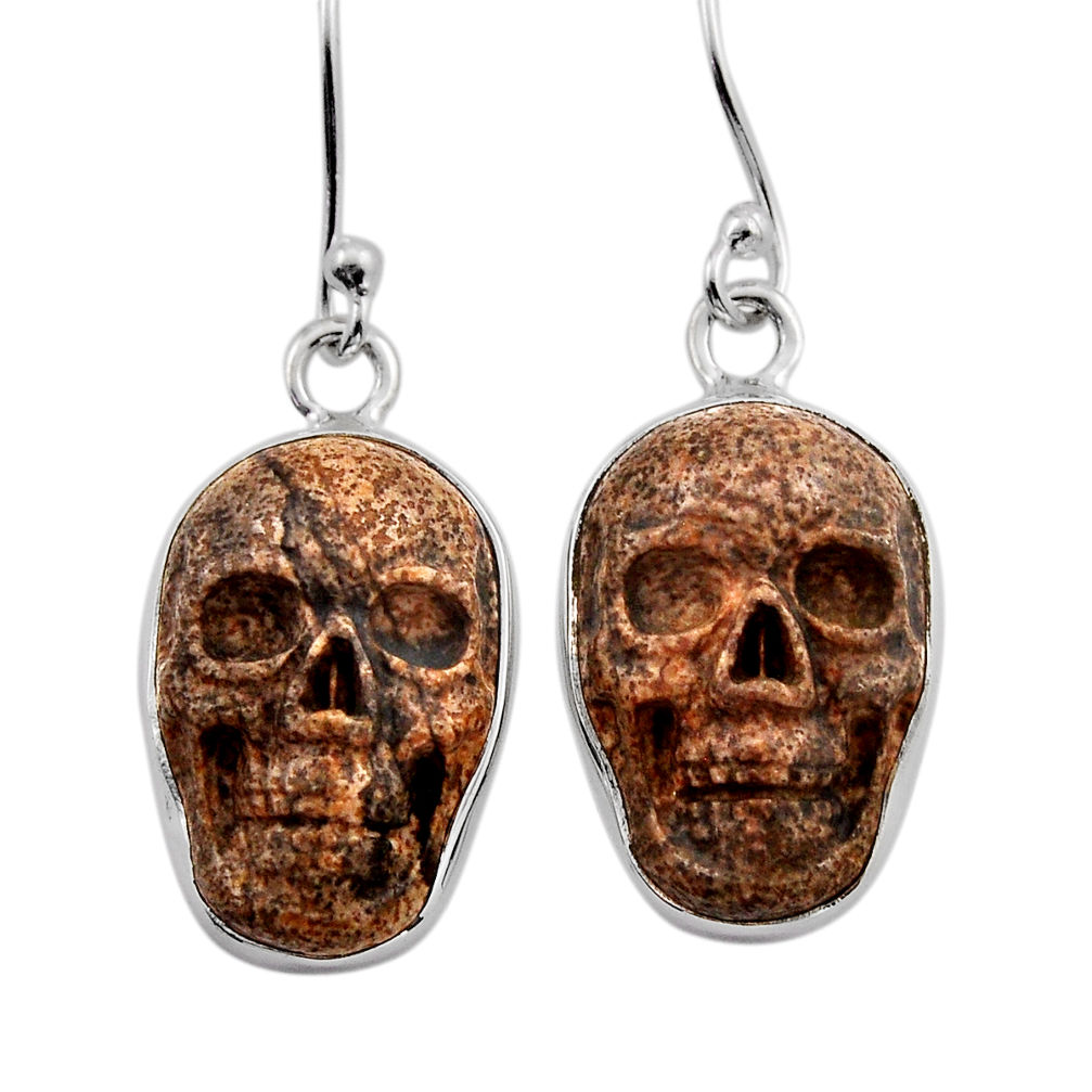 925 silver 12.22cts skull natural brown picture jasper dangle earrings n5725