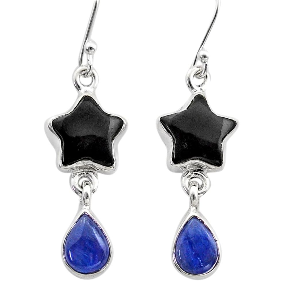 925 silver 10.76cts star natural black onyx kyanite dangle earrings t63113