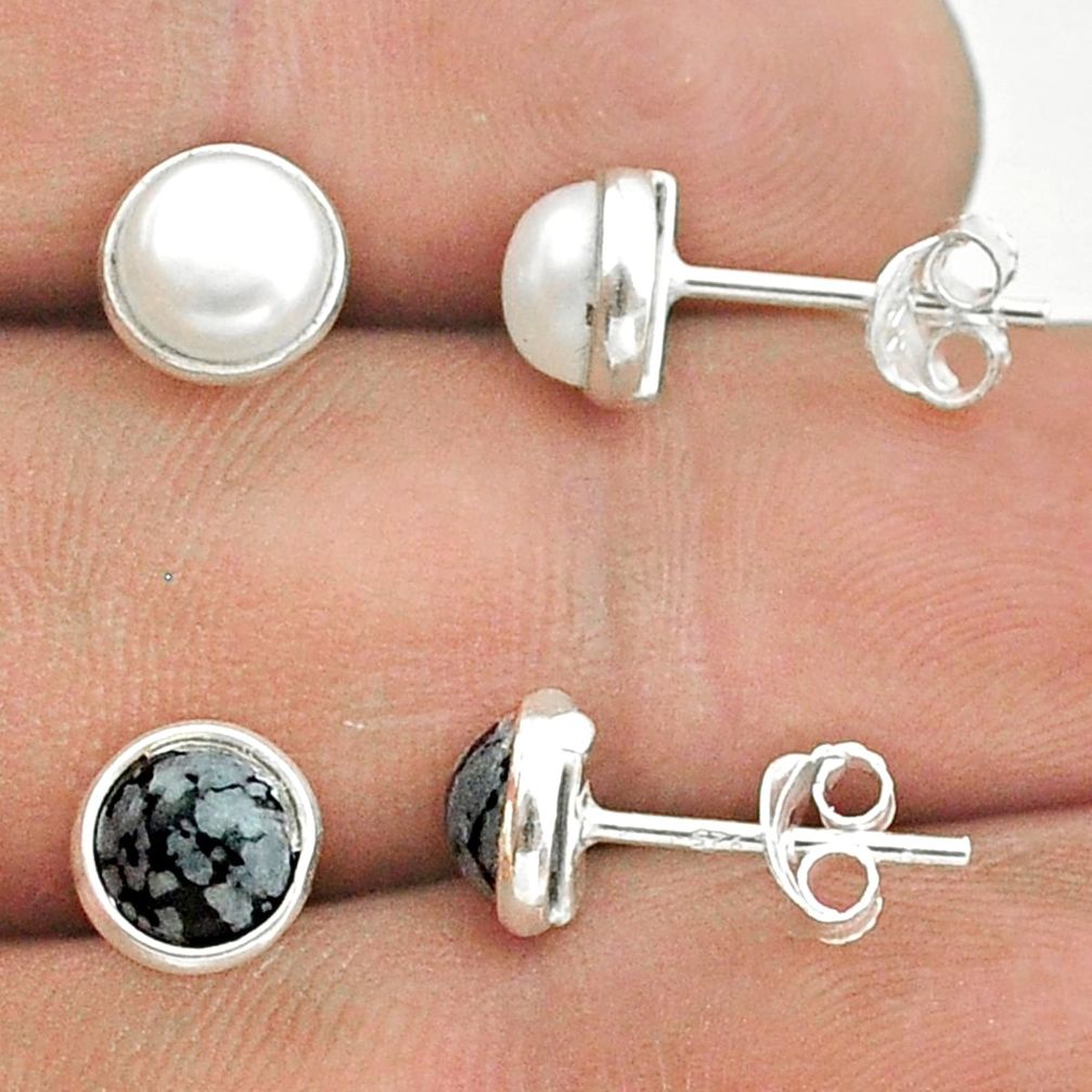 925 silver 4.49cts white pearl australian obsidian 2 pair studs earrings t50823