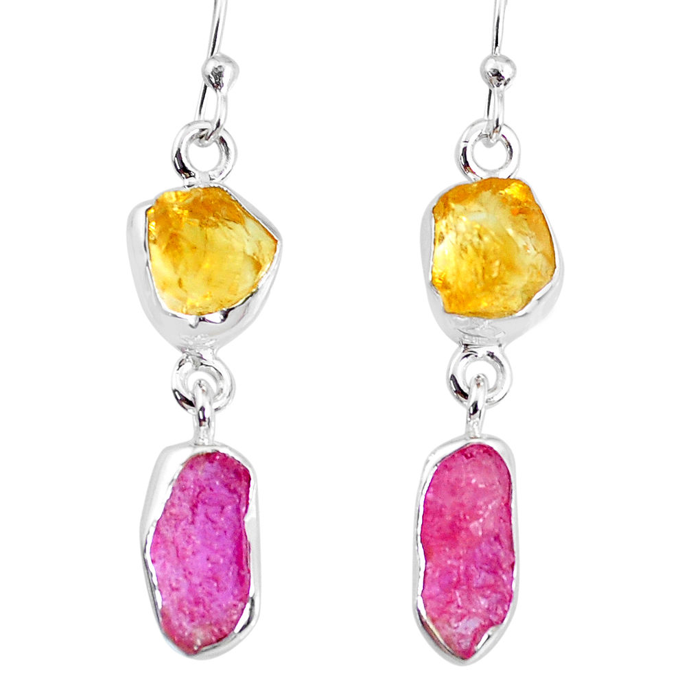 925 silver 8.95cts yellow citrine raw ruby raw dangle earrings r74377