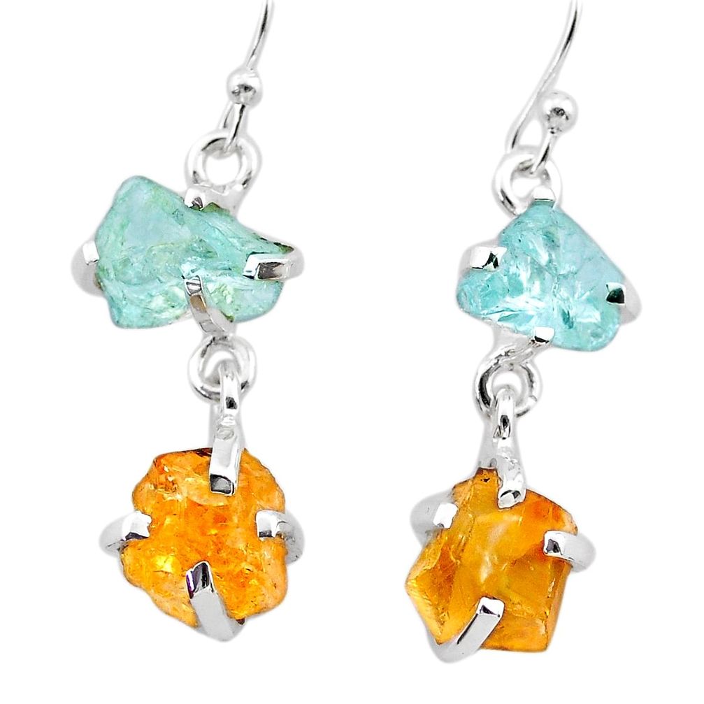 925 silver 9.91cts yellow citrine rough aquamarine raw dangle earrings t25656