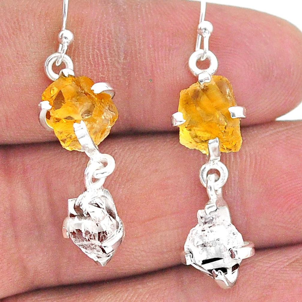 925 silver 9.96cts yellow citrine raw herkimer diamond dangle earrings t15292