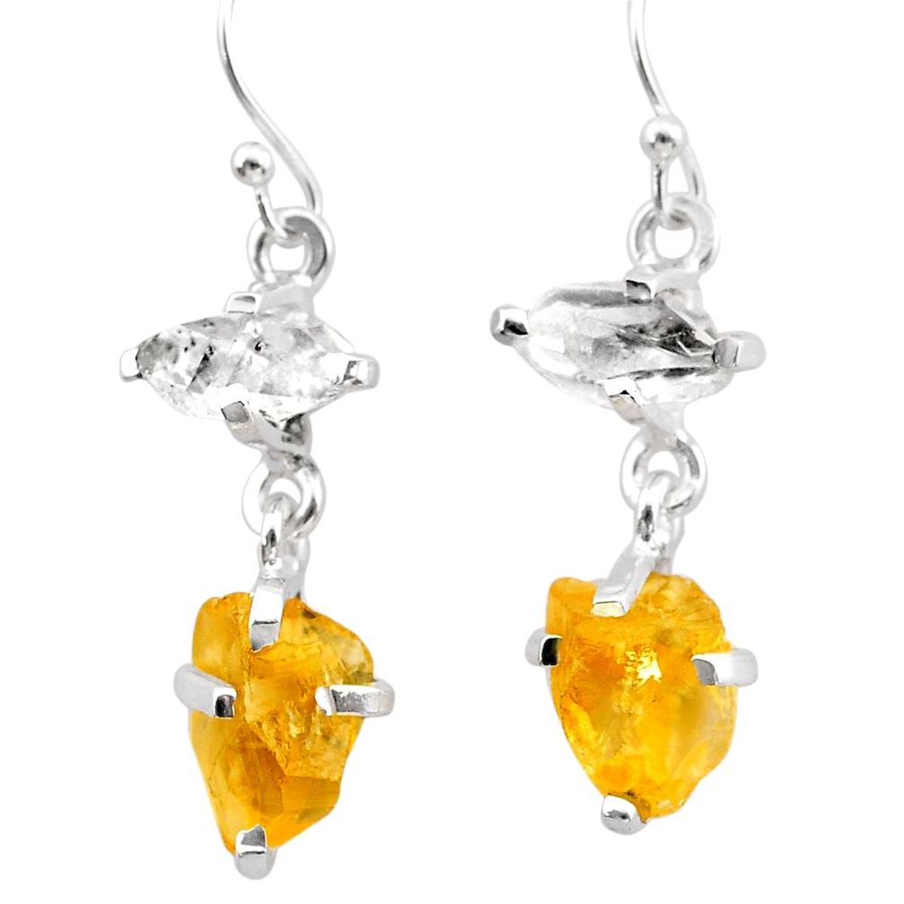 925 silver 9.53cts yellow citrine rough herkimer diamond dangle earrings t25599