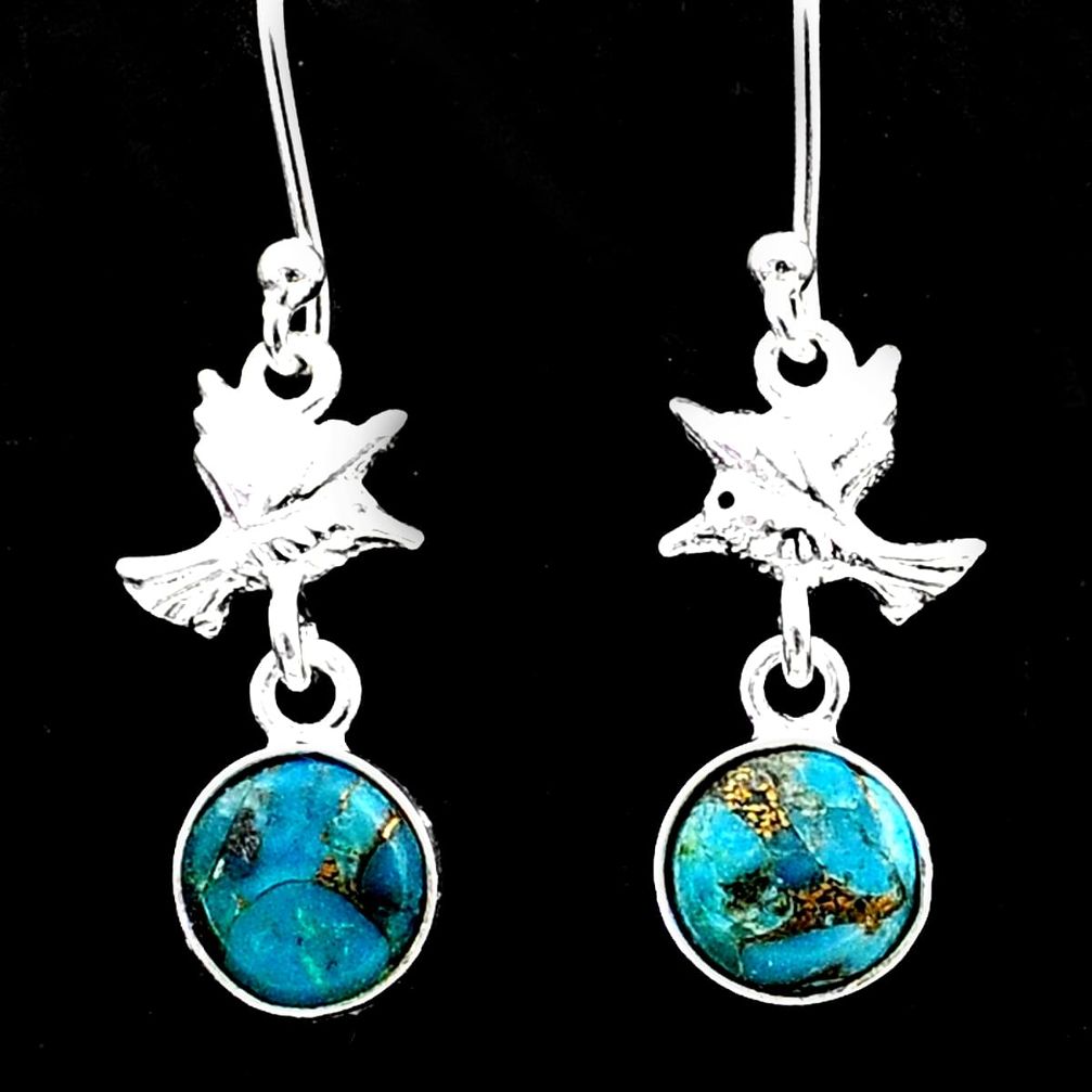 925 sterling silver 2.45cts blue copper turquoise birds earrings jewelry t62874