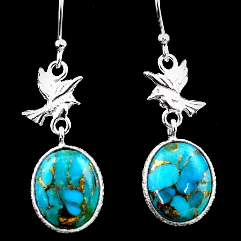 925 sterling silver 7.46cts blue copper turquoise birds earrings jewelry t64776