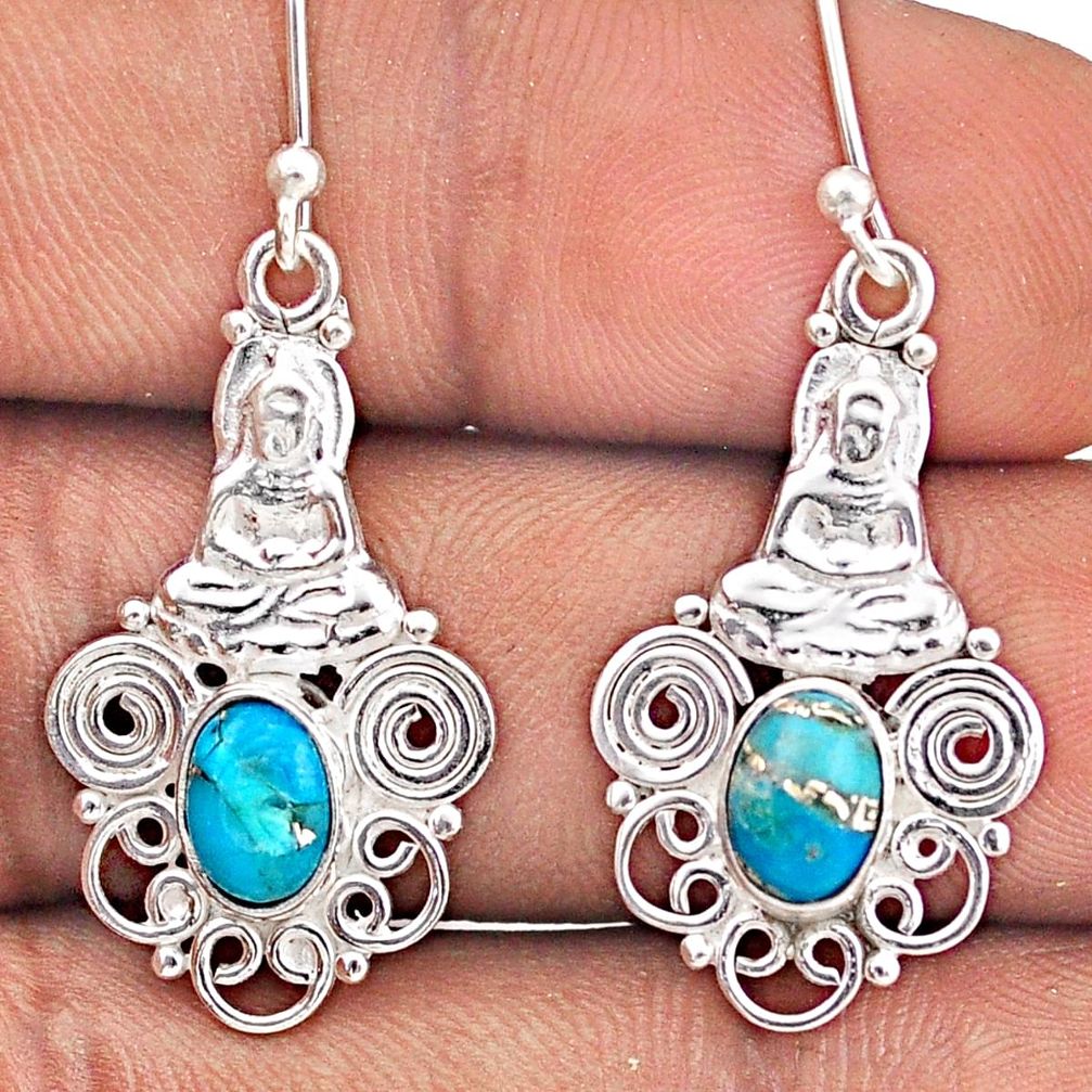 925 sterling silver 4.02cts blue copper turquoise buddha charm earrings t87324