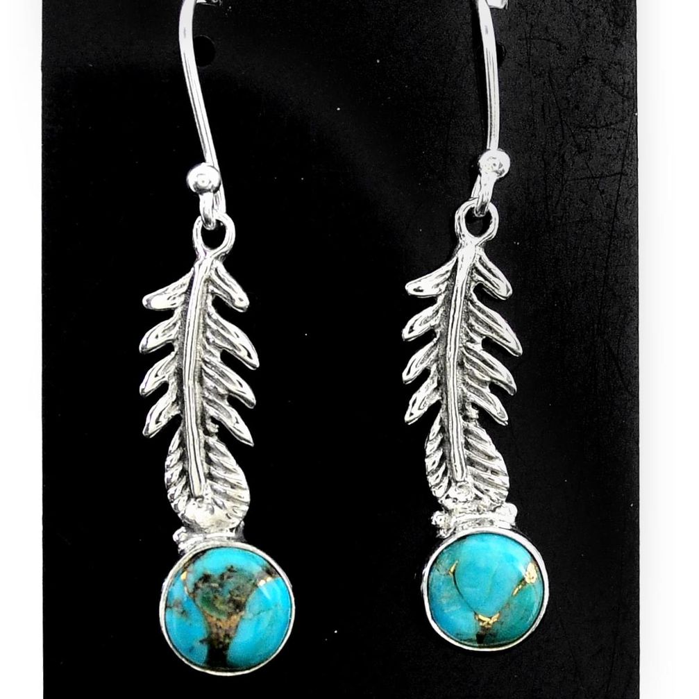 925 sterling silver 3.98cts blue copper turquoise feather earrings t37400
