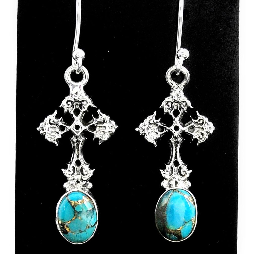 925 sterling silver 4.43cts blue copper turquoise holy cross earrings t37390