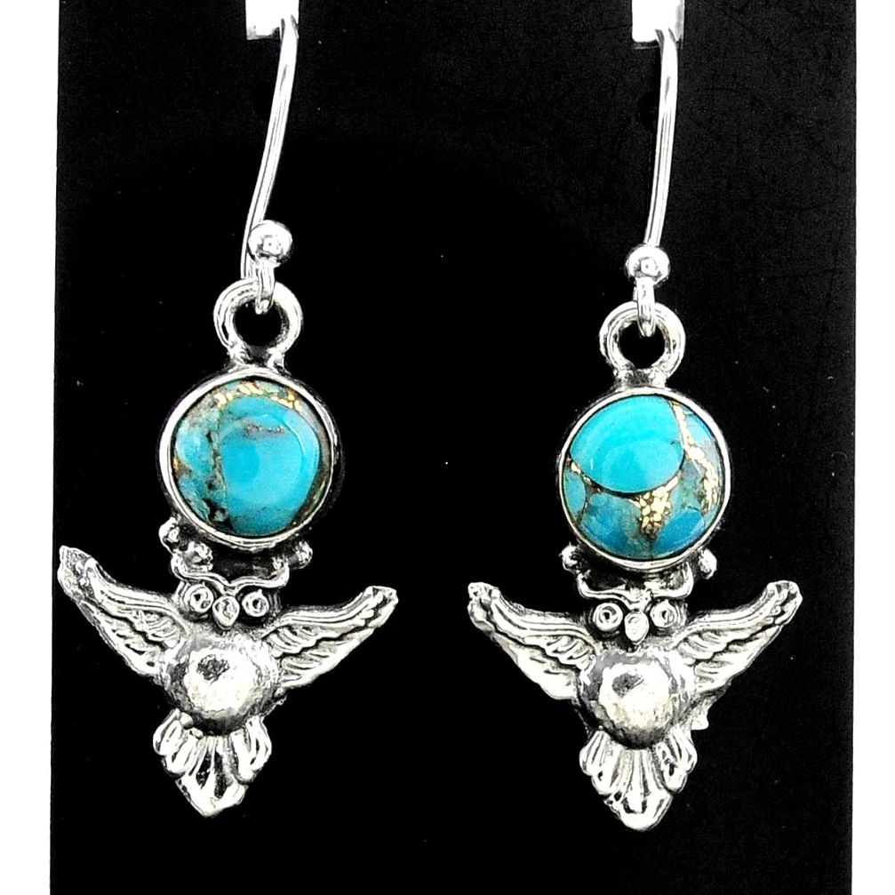 925 sterling silver 3.68cts blue copper turquoise owl earrings jewelry t37369