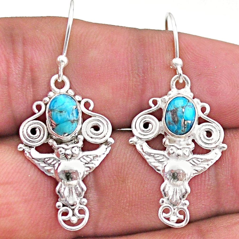 925 sterling silver 3.14cts blue copper turquoise owl earrings jewelry t46979