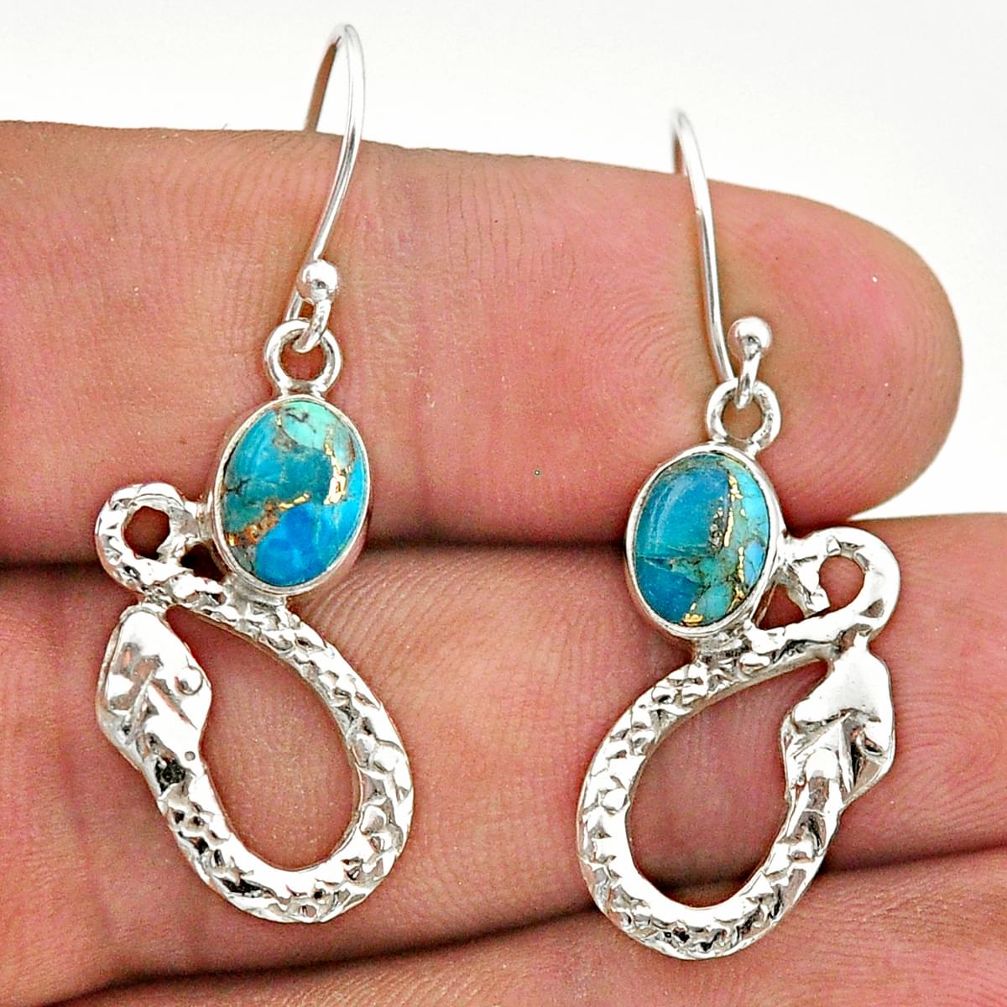 925 sterling silver 4.30cts blue copper turquoise snake earrings jewelry t40248