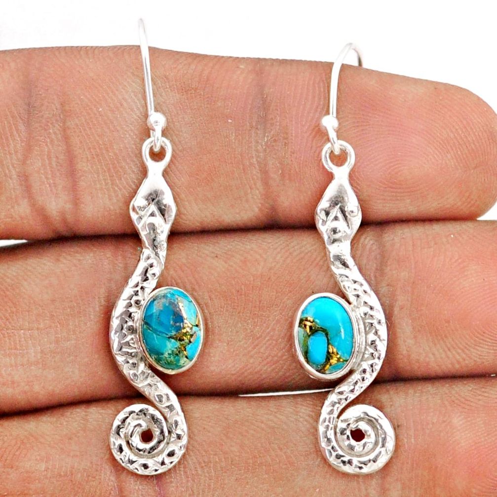 925 sterling silver 4.33cts blue copper turquoise snake earrings jewelry t80913