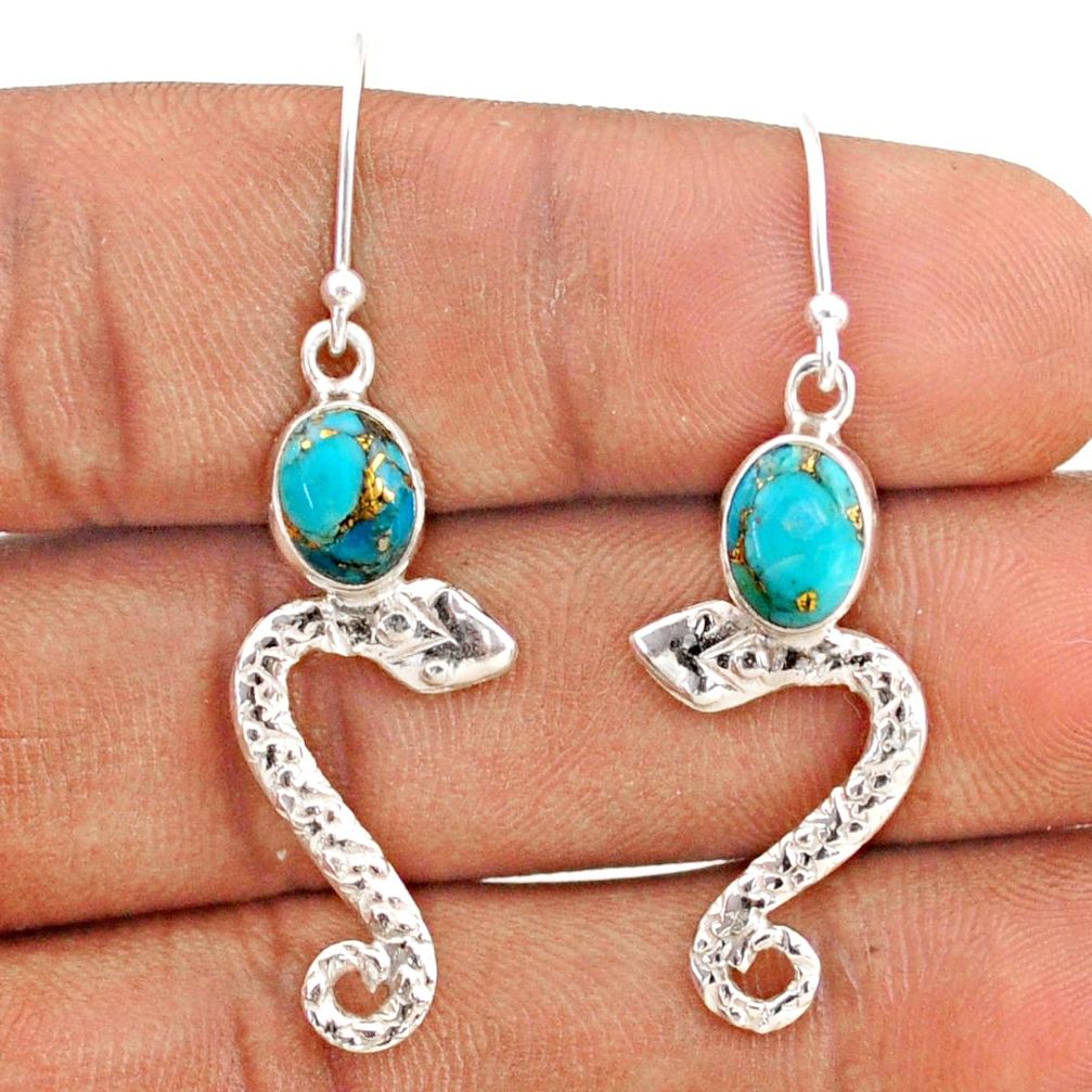 925 sterling silver 3.73cts blue copper turquoise snake earrings jewelry t80916