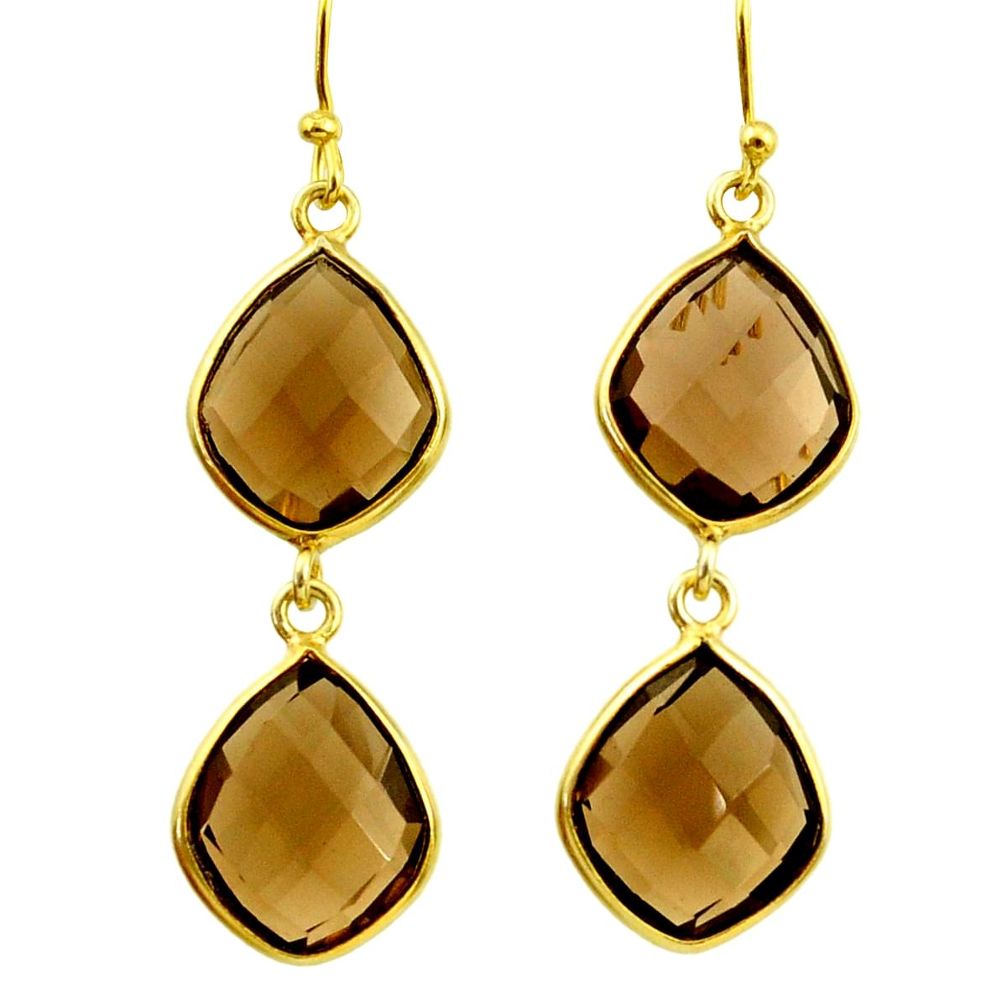 925 sterling silver 15.93cts brown smoky topaz 14k gold dangle earrings r31624