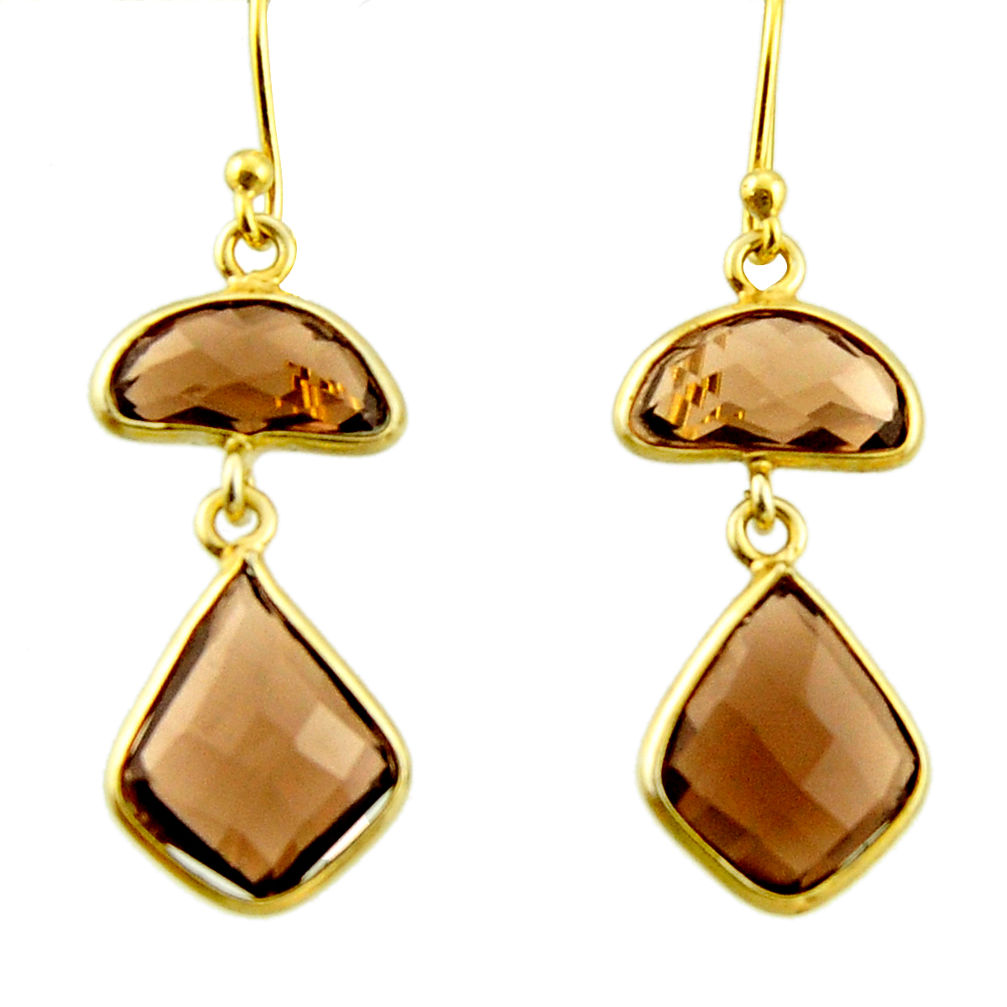 925 sterling silver 11.93cts brown smoky topaz 14k gold dangle earrings r31644