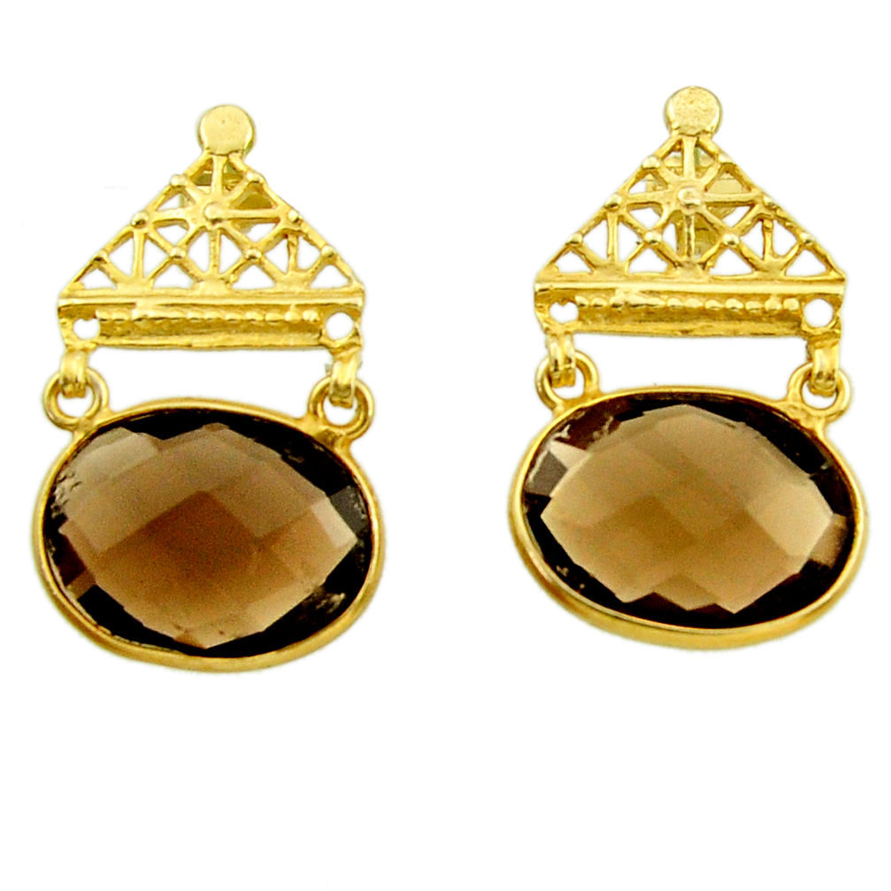 925 sterling silver 19.09cts brown smoky topaz 14k gold dangle earrings r32745