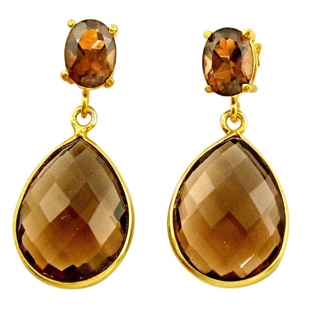 925 sterling silver 18.76cts brown smoky topaz 14k gold earrings jewelry r31534