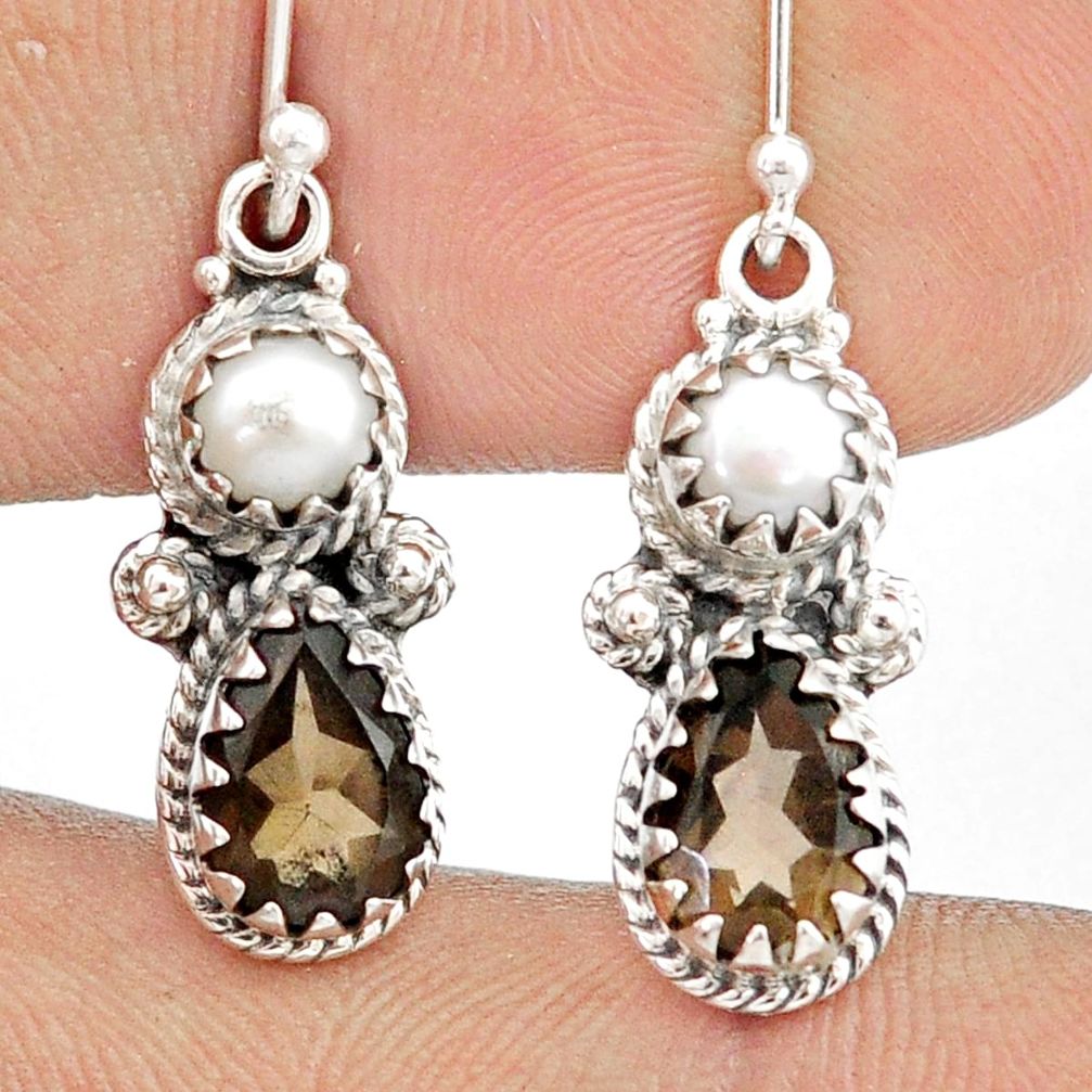 925 sterling silver 5.29cts brown smoky topaz pearl dangle earrings u31732