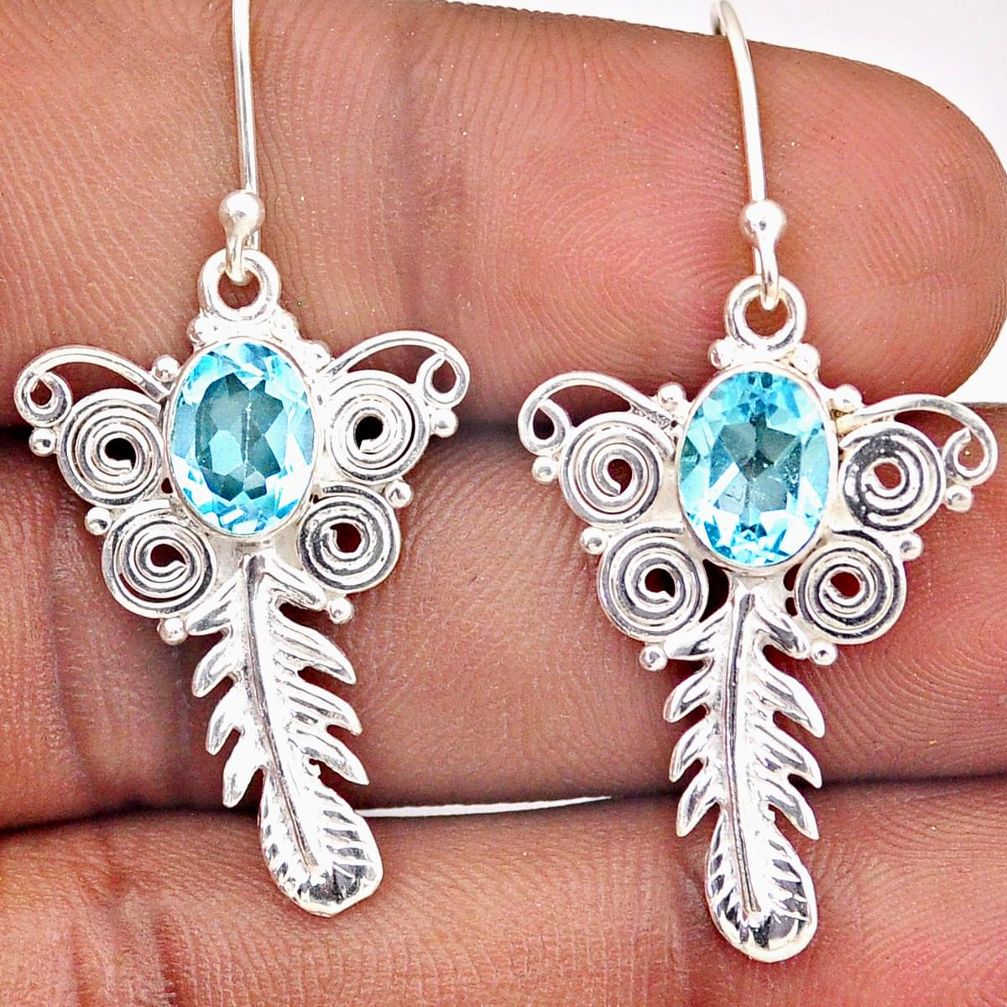 925 sterling silver 4.55cts feather natural blue topaz dangle earrings t87358