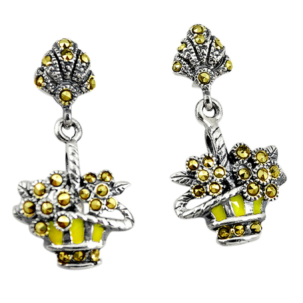 925 sterling silver fine marcasite enamel flower basket earrings jewelry c22411