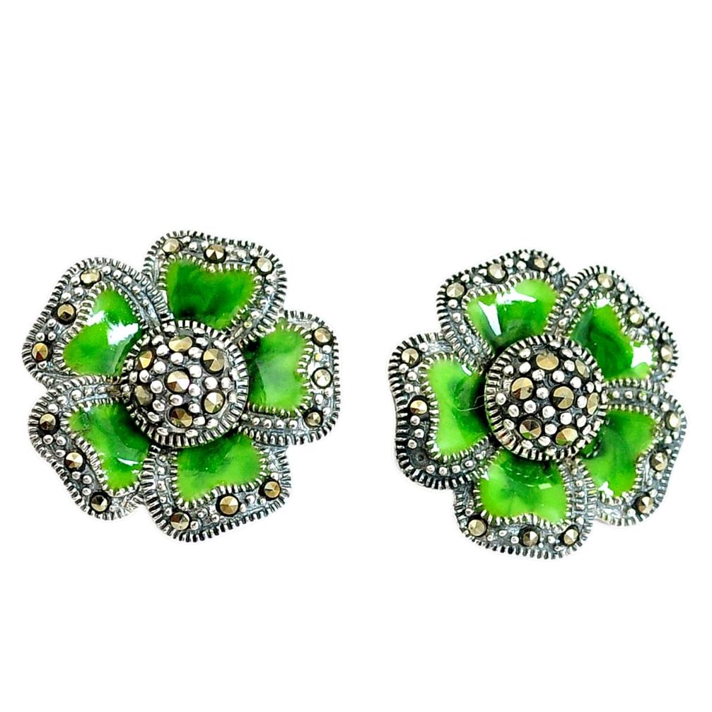 925 sterling silver 6.02gms fine marcasite enamel flower earrings jewelry c21453