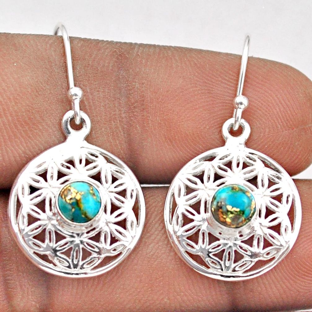 925 sterling silver 1.80cts flower of life blue copper turquoise earrings t89527
