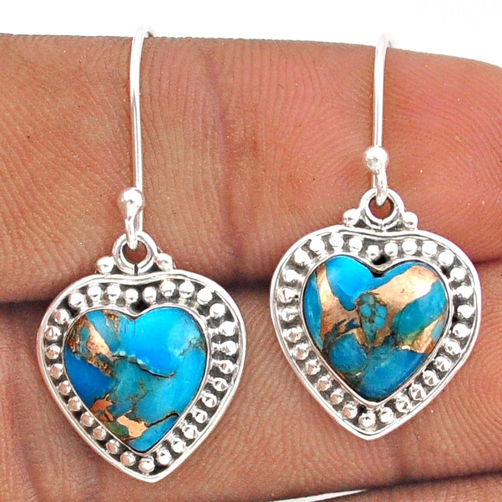 925 sterling silver 10.43cts heart blue copper turquoise dangle earrings t91458