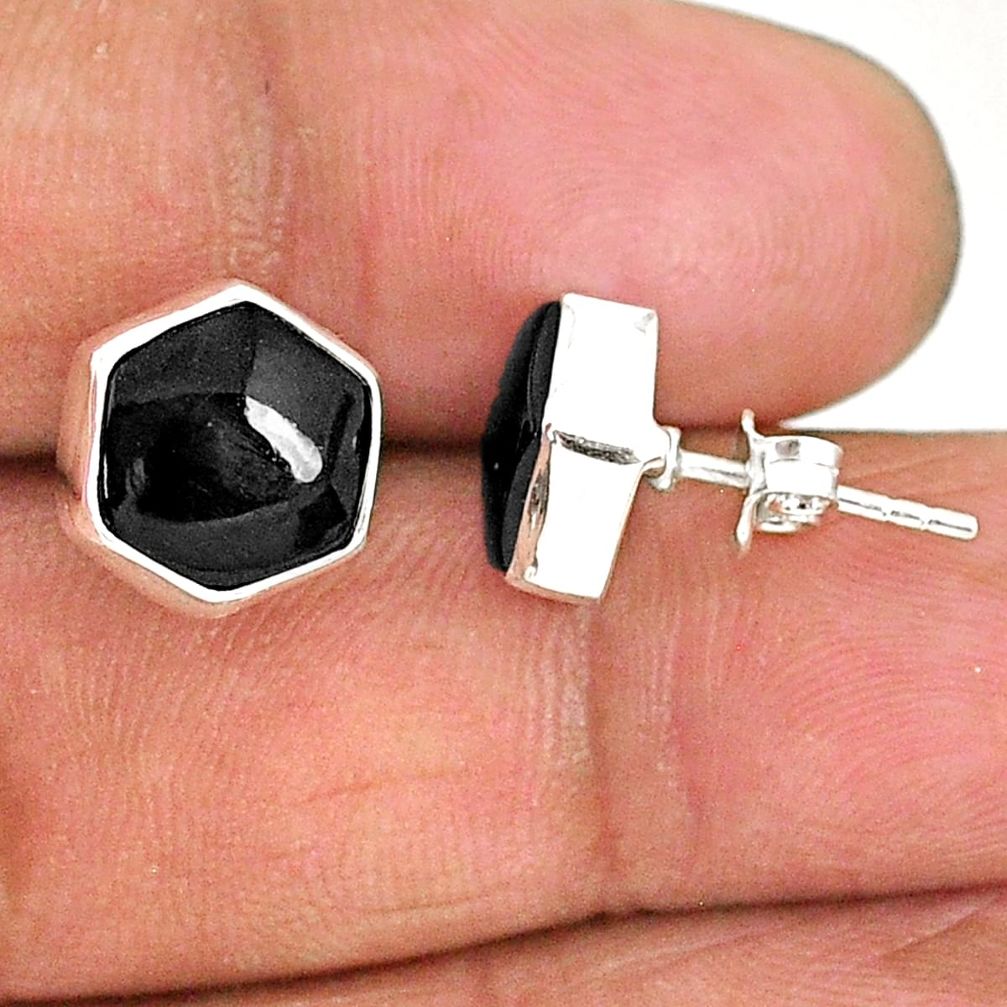 925 sterling silver 8.33cts hexagon natural black onyx stud earrings r93657