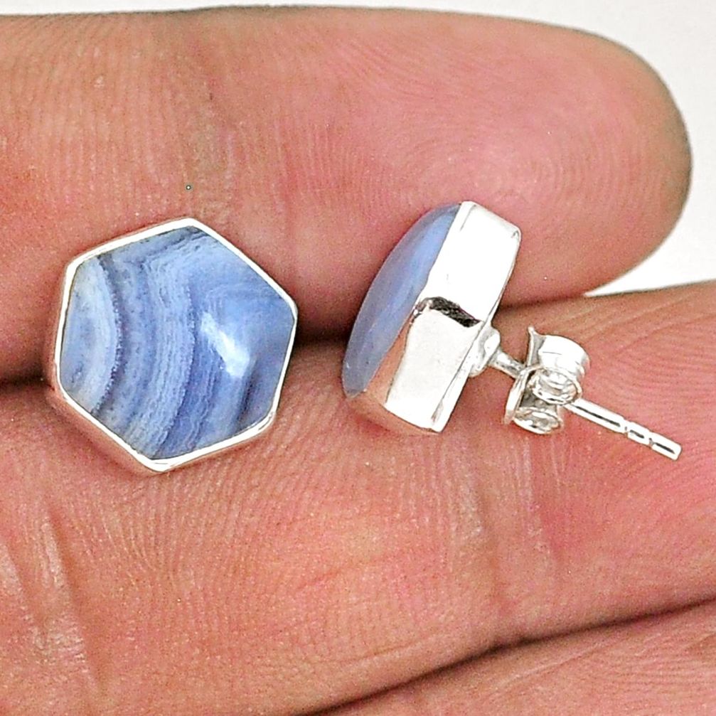 925 sterling silver 9.27cts hexagon natural blue lace agate stud earrings r93653