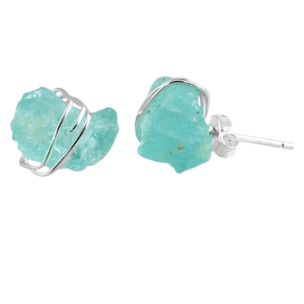 925 sterling silver 9.45cts natural aqua aquamarine raw stud earrings r79724