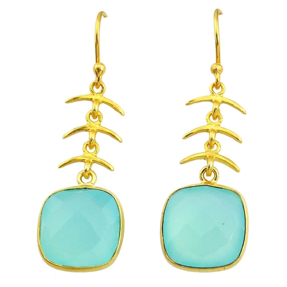 Handmade 13.08cts natural aqua chalcedony 14k gold dangle earrings t16427