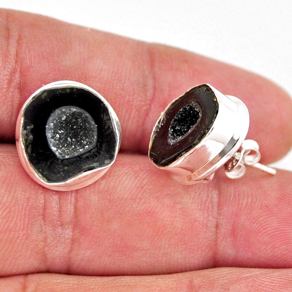 925 sterling silver 12.31cts natural black geode druzy stud earrings y51524