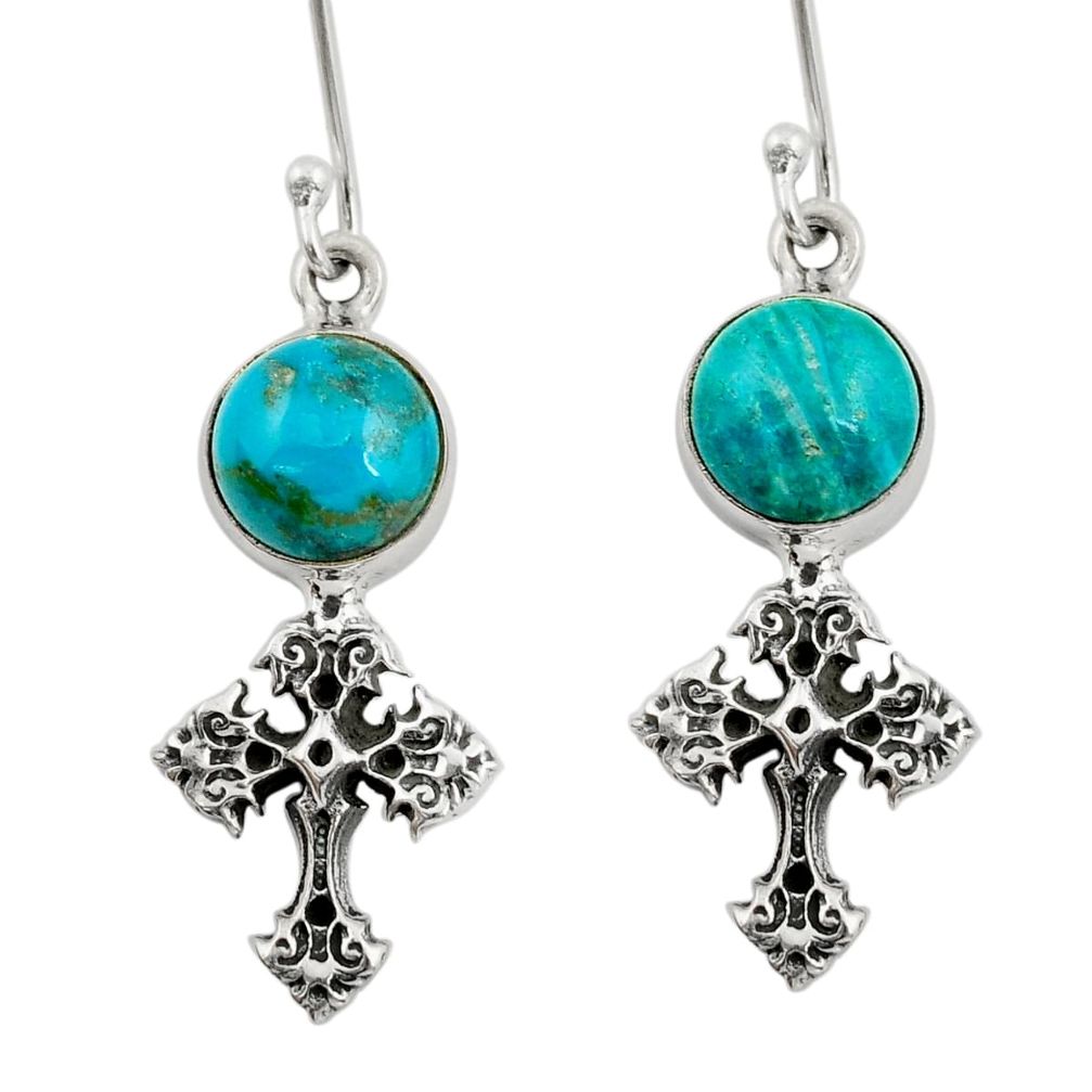 925 sterling silver 6.27cts natural blue chrysocolla holy cross earrings y36497