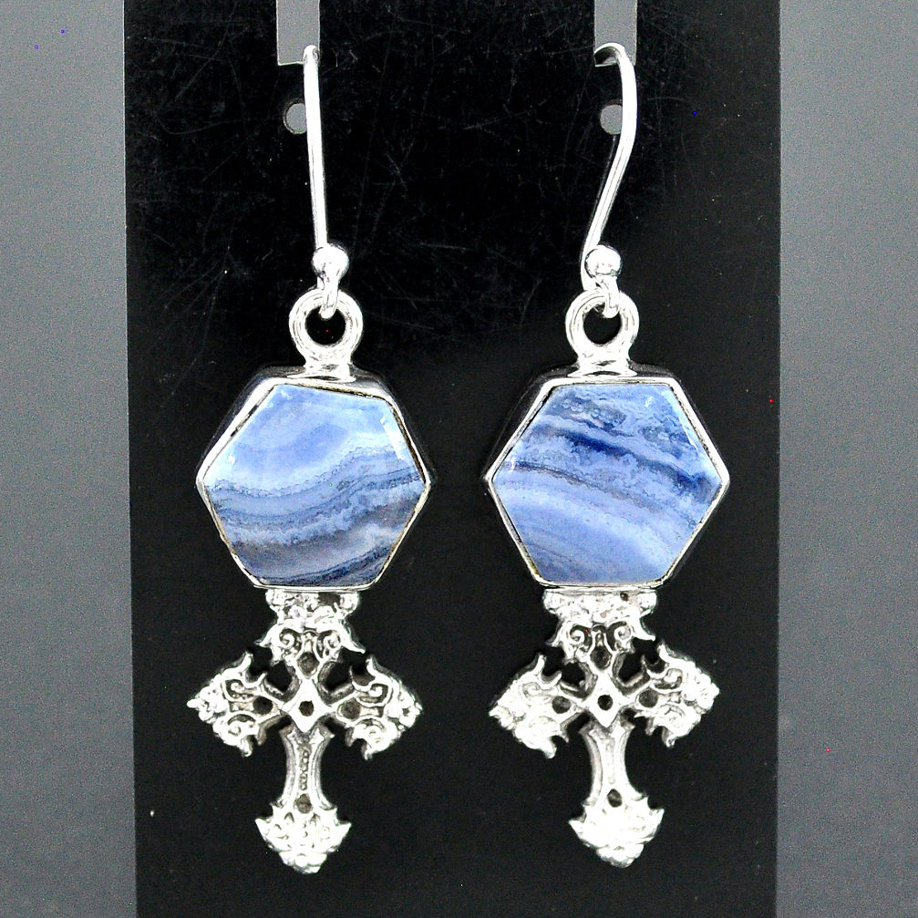 925 sterling silver 10.35cts natural blue lace agate holy cross earrings r96784