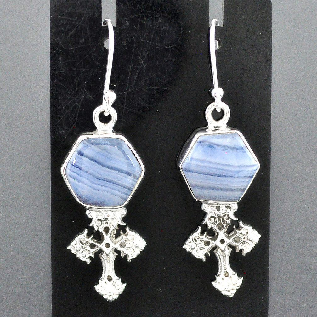 925 sterling silver 10.26cts natural blue lace agate holy cross earrings r96800