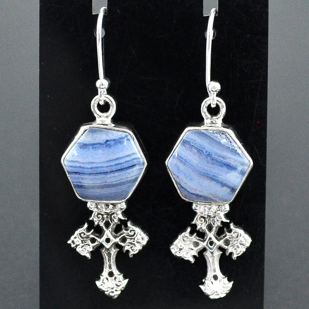 925 sterling silver 10.02cts natural blue lace agate holy cross earrings r96807
