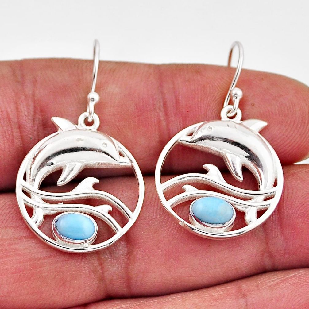 925 sterling silver 2.27cts natural blue larimar dolphin earrings jewelry n9929