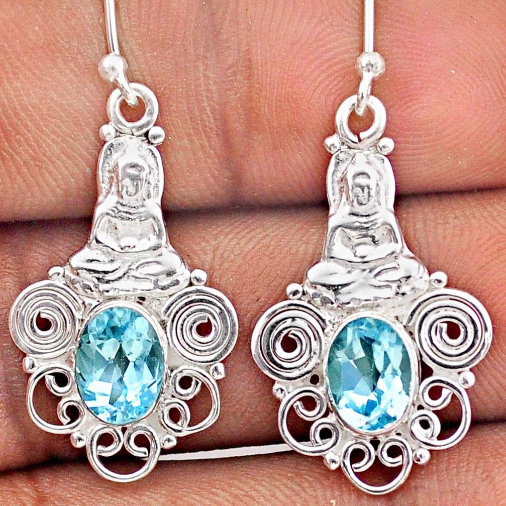 925 sterling silver 3.90cts natural blue topaz buddha charm earrings t87328