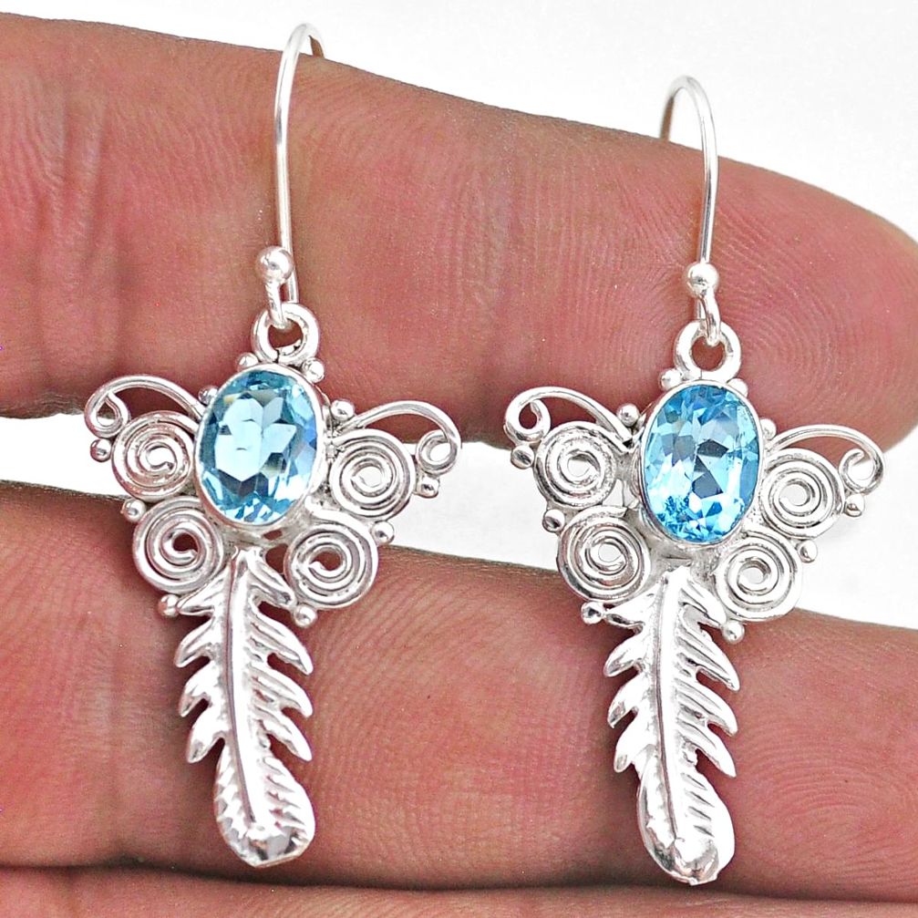 925 sterling silver 4.21cts natural blue topaz feather charm earrings t47040