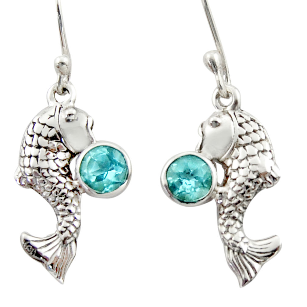 925 sterling silver 2.23cts natural blue topaz fish earrings jewelry d46794