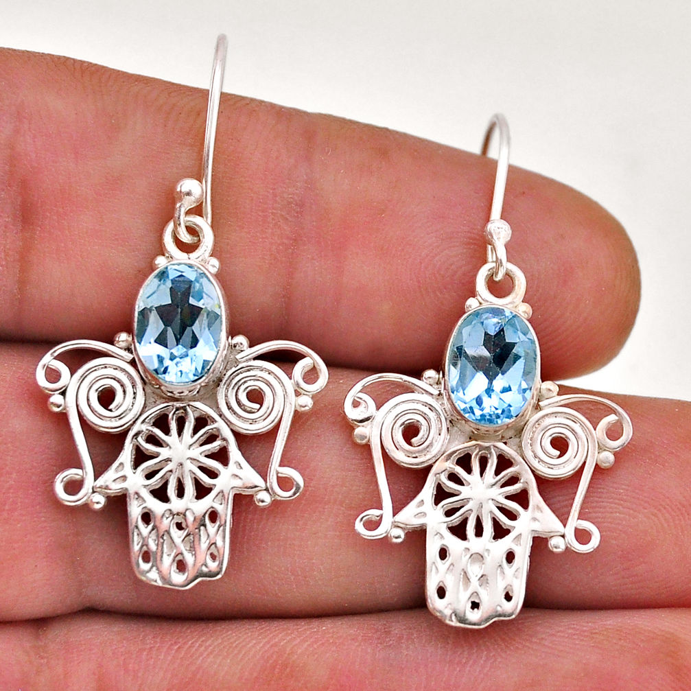 925 sterling silver 4.12cts natural blue topaz hand of god hamsa earrings n51132
